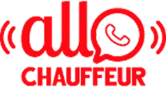 Logotipo rojo Allo Chauffeur con un icono de teléfono enmarcado por ondas sonoras.