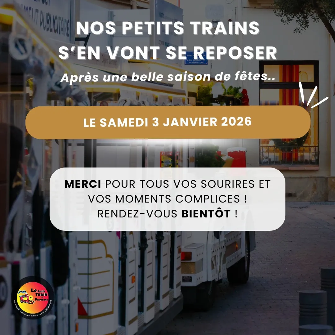 Trenes turísticos blancos aparcados en una calle adoquinada con decoraciones festivas y un mensaje anunciando la pausa de los pequeños trenes hasta el 3 de enero de 2026.