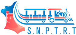 Colourful logo with a blue horse on the left, a stylised blue and red train locomotive in the center, and the letters S.N.P.T.R.T. in blue beneath.