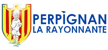 Escudo de Perpiñán con un niño de pie y el texto Perpignan La Rayonnante en azul.