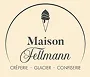 Logotipo redondo beige con un cucurucho de helado marrón y el texto Maison Gellmann, crêperie, glacier, confiserie en marrón.