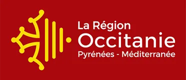 Logo of the Occitanie Pyrénées-Méditerranée Region with a stylised yellow symbol on the left over a red background.