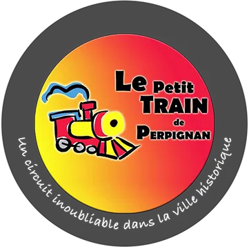 Logotipo colorido con un pequeño tren estilizado y el texto «Le Petit TRAIN de Perpignan» sobre un fondo degradado amarillo-rojo, rodeado de la frase «Un recorrido inolvidable por la ciudad histórica».