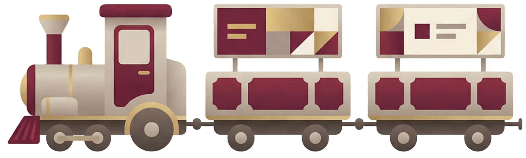 Ilustración de un pequeño tren con una locomotora blanca y burdeos tirando de dos vagones decorados con motivos geométricos dorados y burdeos.